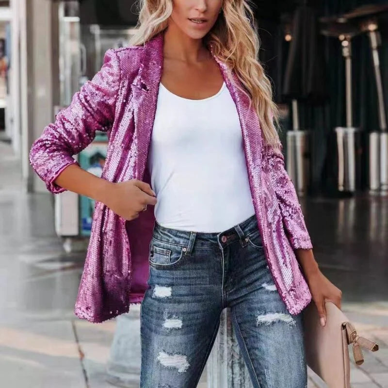 Lapel Long Sleeved Sequin Casual Suit Blazer For Women