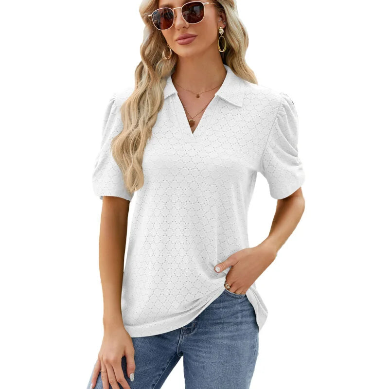 Style Solid Color V Neck Short Sleeved Loose T-Shirt Blouse