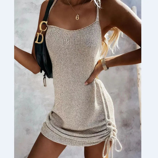 Sleeveless Straps Loose Beach Halter Sweater Dress Needle