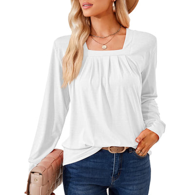 Solid Color Square Collar Ruffle Jacquard Long Sleeved Loose T-Shirt Woman
