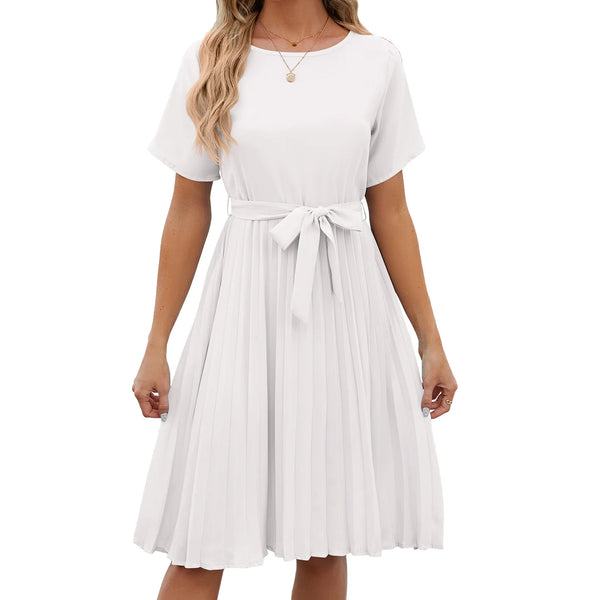 Pure Color Round Neck Press Pleat Belt Loose Short Sleeved Dress