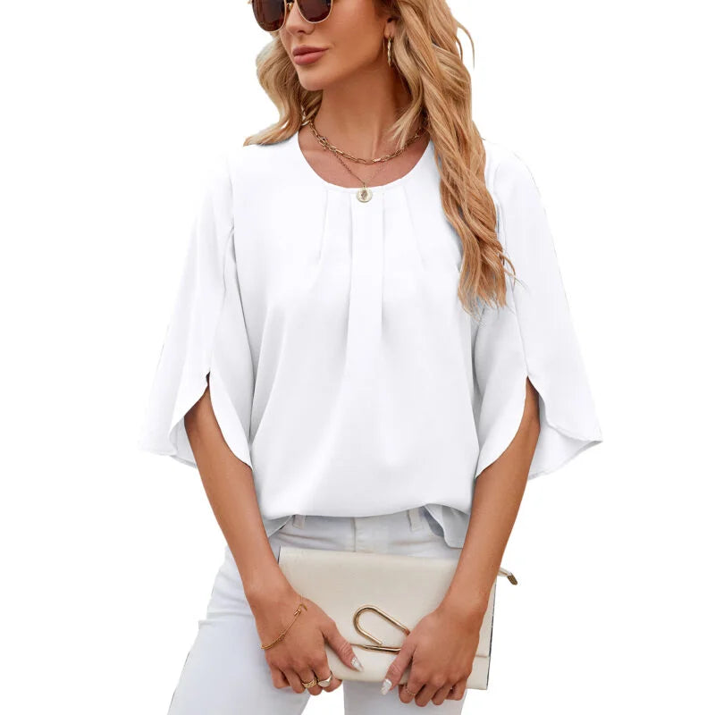 Solid Color Round Collar Five Short Sleeved Loose Chiffon Blouse