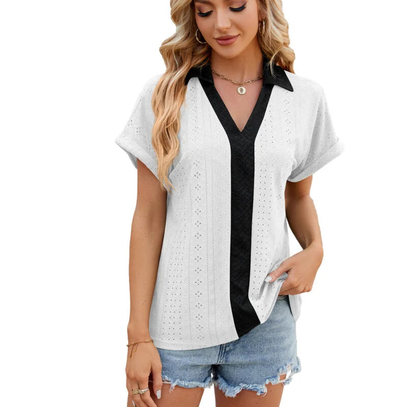 New V Neck Color Colliding Short Sleeved Loose T-Shirt Blouse