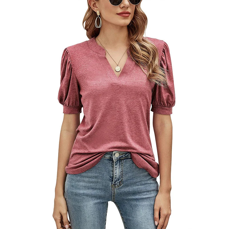 V Neck Short Sleeve Blouse