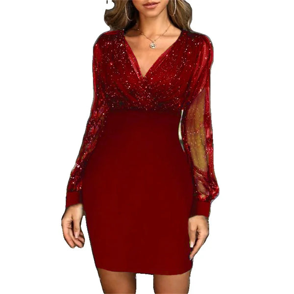 V Neck Sequin Long Sleeved Dress