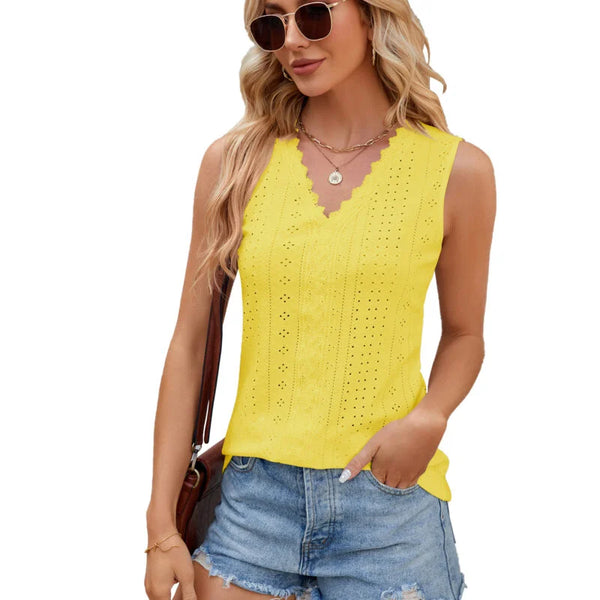 V Neck Lace Stitching Loose Sleeveless Tank Top Woman