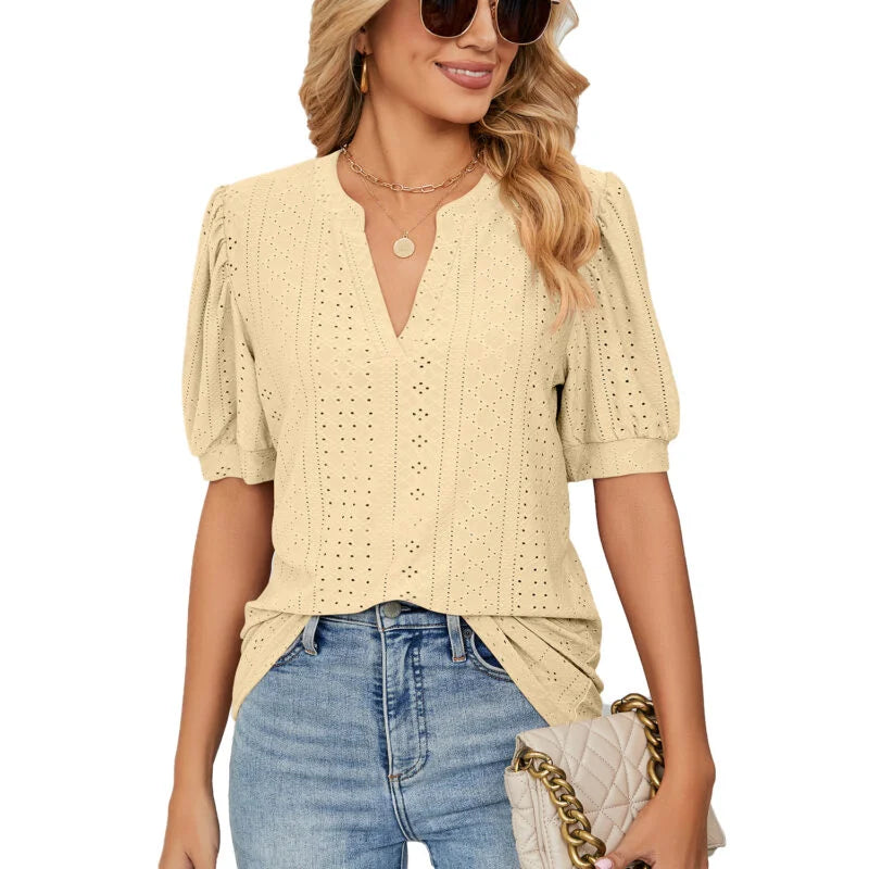 V Neck Solid Color Hollow Bubble Sleeve Loose T-Shirt Blouse