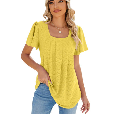 Pure Color Square Collar Wrinkled Short Sleeved Loose T-Shirt Blouse