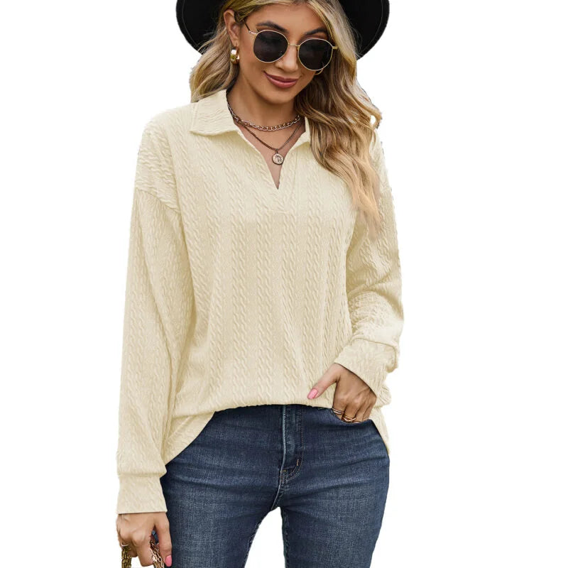 Style Solid Color Lapel Loose Long Sleeved Sweater Coat Blouse